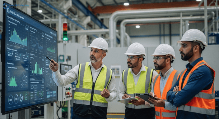 Industrial engineer giving training on predictive maintenance system to team members in Saudi factory.