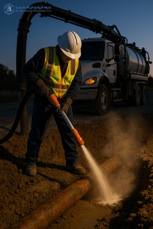 عامل يستخدم فوهة الحفر بالضغط المائي للكشف عن أنبوب مدفون.