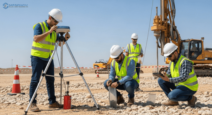 مهندسون يجرون تقييمًا ميدانيًا وفحصًا للتربة قبل بدء أعمال الحفر.