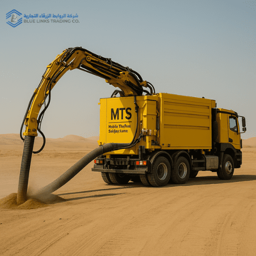 German MTS Suction Excavator operating in the Saudi desert, vacuuming dry sand through a large boom hose.