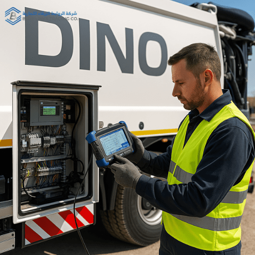 فني يقوم بتشخيص ضعف قوة الشفط في حفار شفط باستخدام أدوات تشخيص وتقنية PLC.