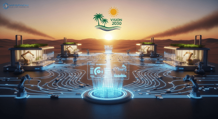 مفهوم التحول الصناعي في رؤية السعودية 2030 يظهر من خلال مصانع ذكية وشبكات بيانات رقمية.