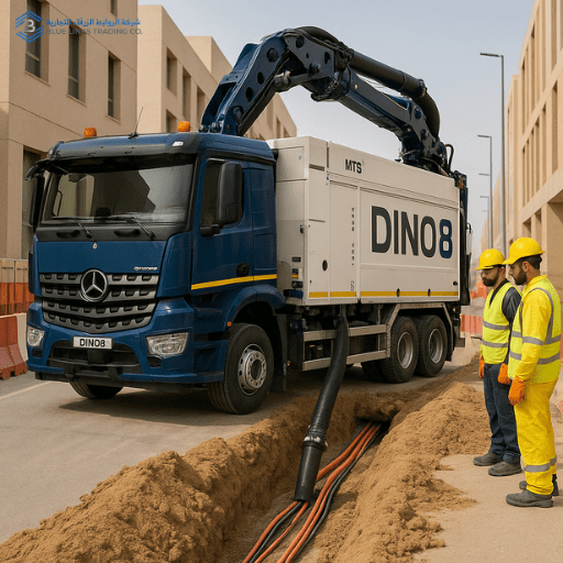 Saudi smart-city excavation corridor showing vacuum excavation around dense utilities.