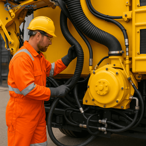 Operator performing daily inspection on suction excavator hoses, hydraulic lines, and turbine casing.