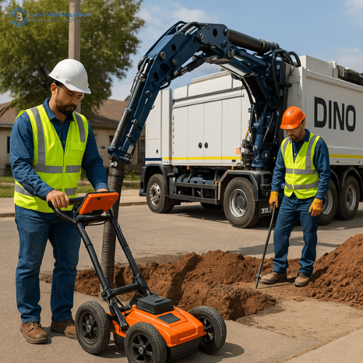 Engineer using GPR scanning equipment alongside a suction excavator to locate underground utilities.