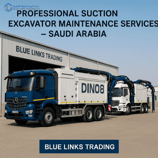 Suction excavation fleet lined up for maintenance at a Saudi industrial depot.