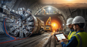 نظام مراقبة صيانة تنبؤية مطبق على معدات ثقيلة داخل موقع حفر نفق في منطقة خليجية.