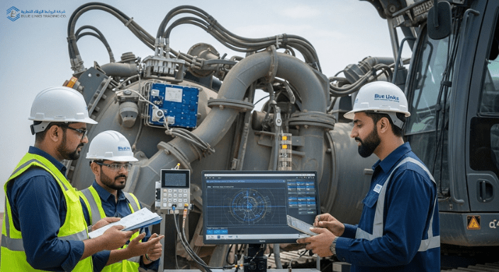 مهندسو شركة الروابط الزرقاء يتفقدون حفارة شفط مزودة بنظام مراقبة تنبؤية في السعودية.