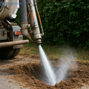 موقع حفر حديث في السعودية يُظهر تقنيات الحفر غير الهدّام بالقرب من المرافق الأرضية.