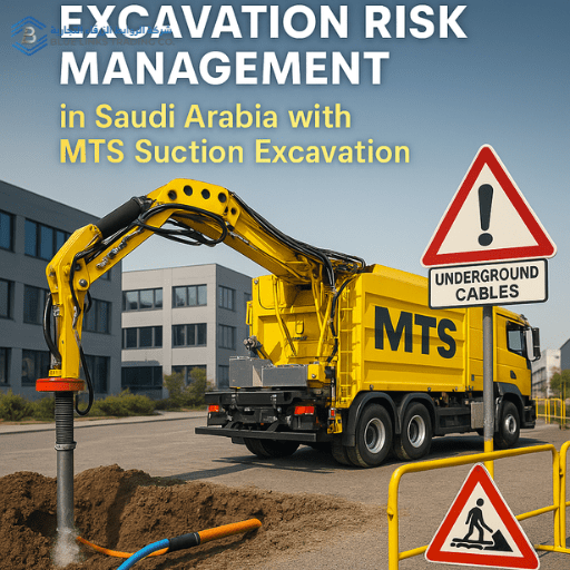 High-resolution scene of an MTS suction excavator performing safe excavation around underground utilities on a Saudi infrastructure site, with workers inspecting marked utility zones.