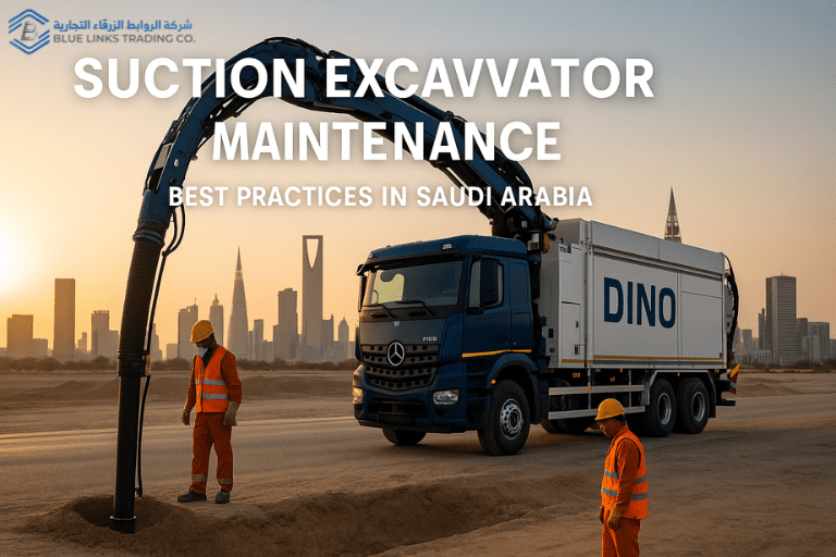 High-resolution hero image of an MTS DINO suction excavator operating on a Saudi construction site at sunset, with workers in PPE and the Riyadh skyline in the background, highlighting safe and efficient vacuum excavation.