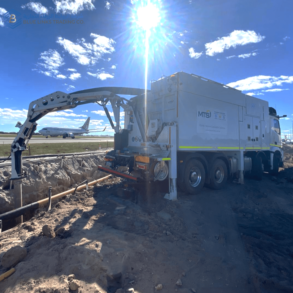 MTS suction excavator operating in an open desert-like environment, demonstrating stable non-destructive digging in loose sandy soil.