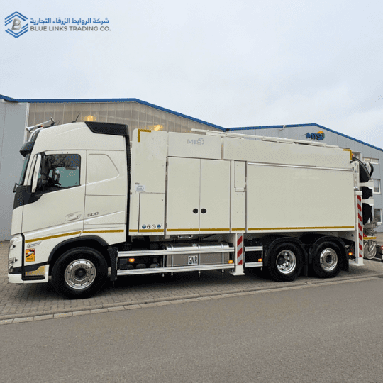 Side view of a white MTS DINO suction excavation truck mounted on a Volvo chassis, designed for non-destructive excavation in infrastructure projects.Suction excavation for Saudi power