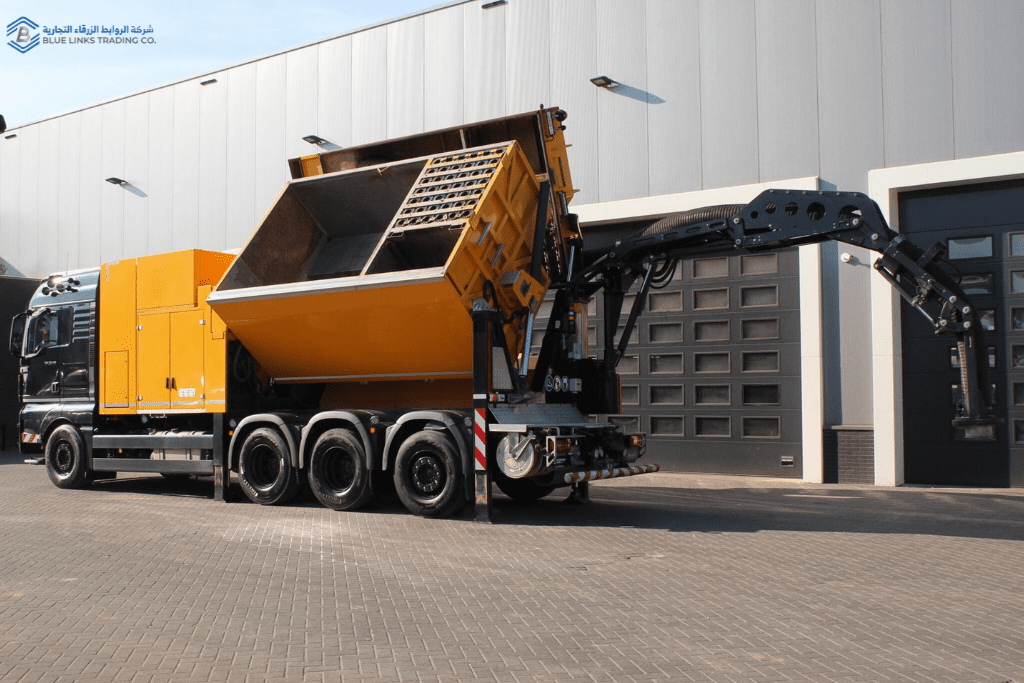 A detailed image of the MTS DINO 8 suction excavator with an 8 m³ container, featuring a side profile that highlights the filtration unit and main tank mounted on a strong multi-axle chassis. This model is widely used in municipal services, drainage works, and non-destructive excavation due to its excellent balance between operational capacity and compact size.