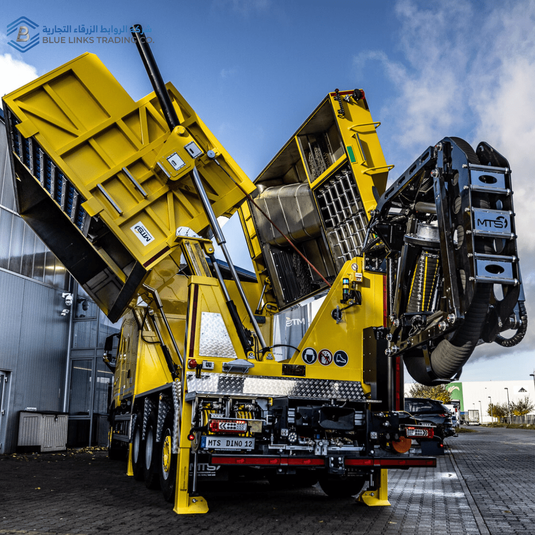 How Suction Excavation in Saudi Railway Projects Boosts Safety High-power MTS DINO 12 suction excavator with raised containers and extended MEGAARM during maintenance operation.