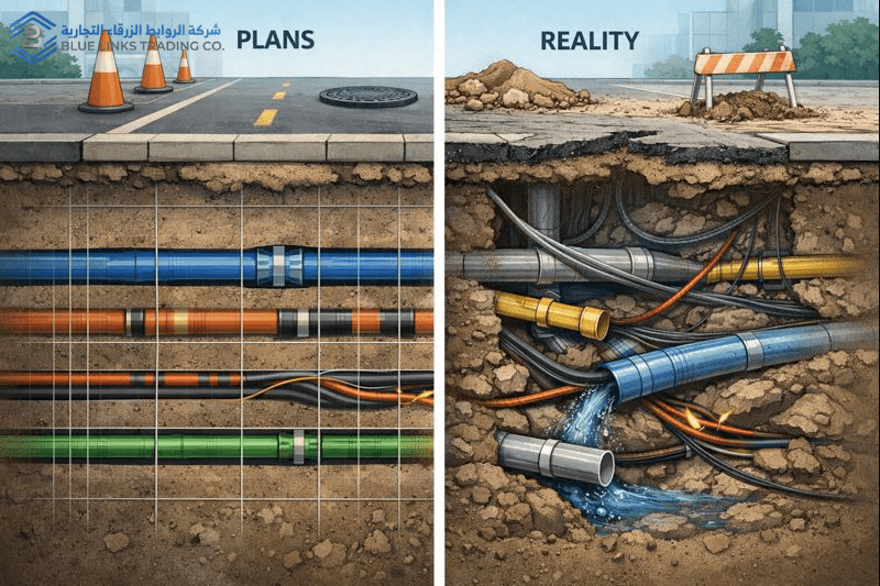 لماذا تعتمد مشاريع الطرق على الحفر بالشفط بدل الحفر التقليدي؟ مفهوم الحفر غير التدميري لحماية المرافق المدفونة أسفل طريق حضري مزدحم