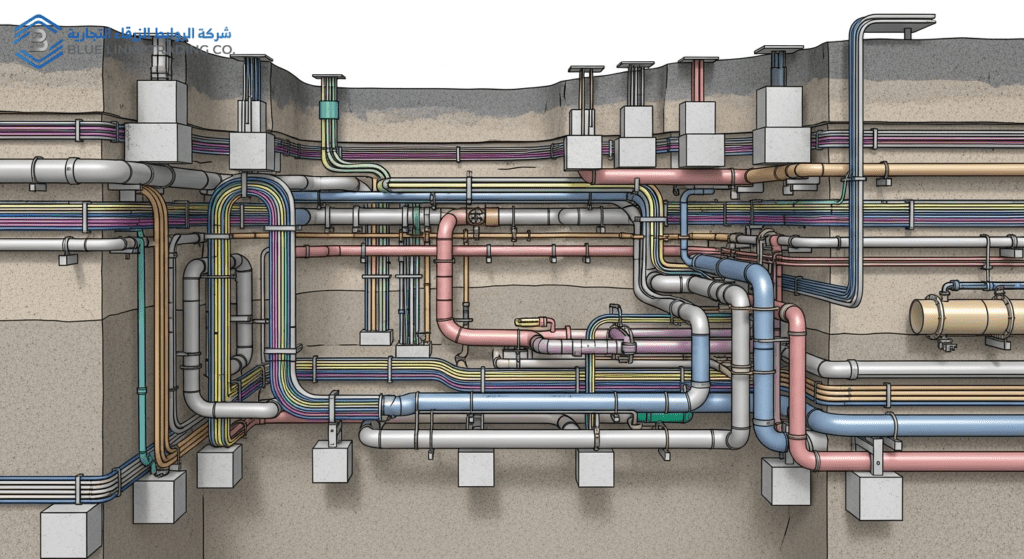 Complex underground oil and gas infrastructure with overlapping pipelines and utilities beneath an industrial site