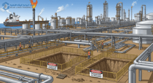 Controlled excavation work near live pipelines inside a Saudi oil facility under active operations