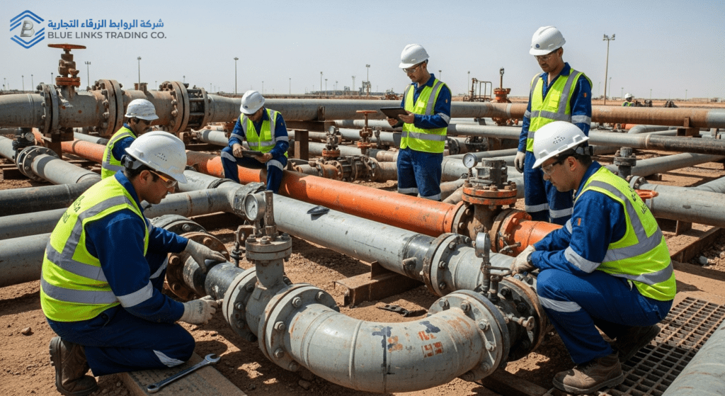 Controlled excavation work near live pipelines inside a Saudi oil facility under active operations