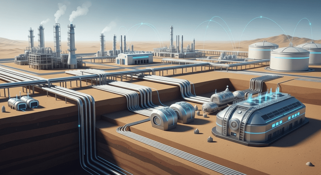 Modern oil and gas infrastructure with protected underground assets representing safer excavation strategies Suction Excavation in Oil and Gas Sector