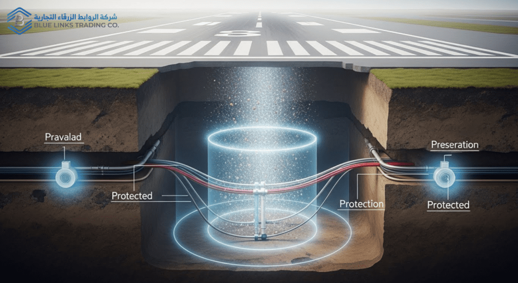 قطاع المطارات والطيران في السعودية: تحديات ومخاطر الحفر التقليدي رسم توضيحي مفاهيمي نظيف يوضح إزالة التربة دون تلامس ميكانيكي، مع إبراز المرافق الأرضية المحمية أسفل السطح، مع بقاء سطح المطار سليمًا. أسلوب تجريدي واقعي، إضاءة ناعمة، بدون معدات.