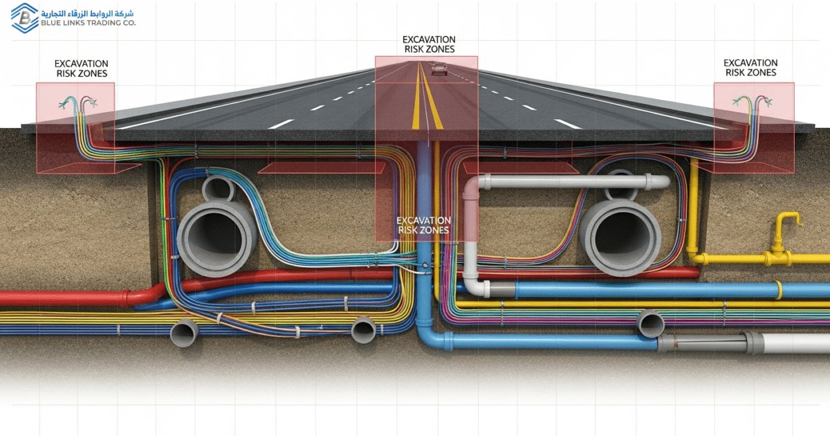 High-risk road excavation environment with dense underground utilities in Saudi Arabia