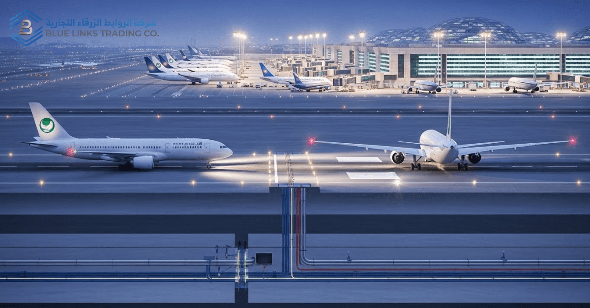 Commercial aircraft over critical underground infrastructure at Saudi airports