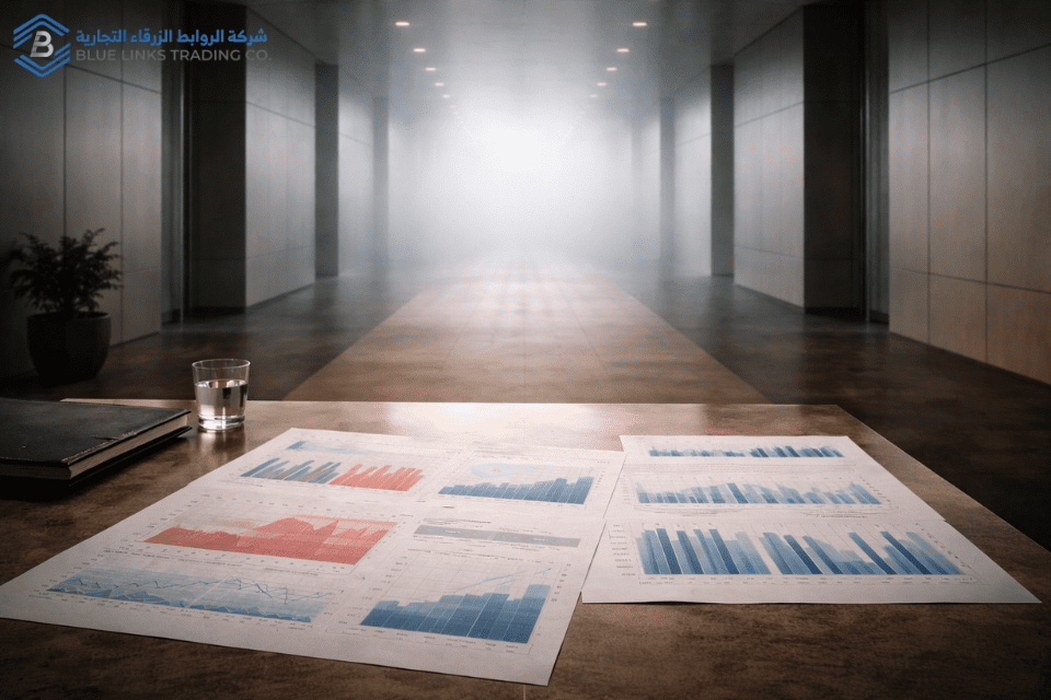 مخاطر قرار الحفر المالية: الثمن الخفي للتأخير ممر مؤسسي يتلاشى في الضباب يرمز إلى عدم اليقين المالي.