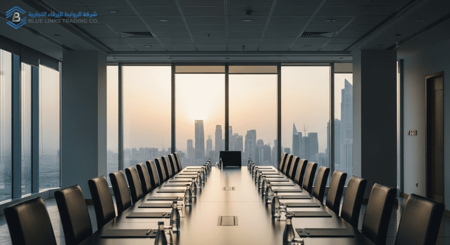 Empty executive boardroom overlooking a city, representing strategic risk and ownership responsibility.