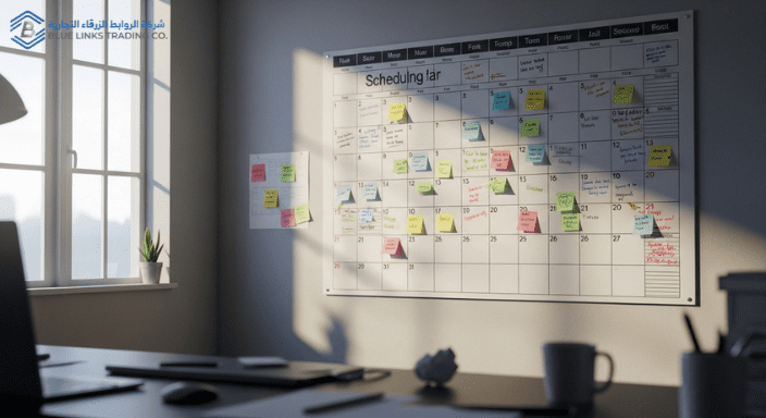 قرار حفر واحد قد يعرض المشاريع في السعودية لمخاطر جسيمة تقويم جداري مع مواعيد نهائية يعبر عن ضغط الجدول الزمني وأهمية التنبؤ.