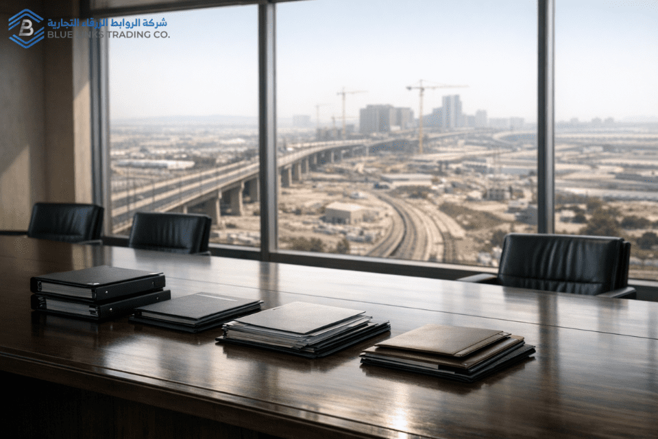 لماذا انتقل قرار الحفر إلى مجلس الإدارة في السعودية؟ غرفة مجلس إدارة تطل على بنية تحتية سعودية ترمز لانتقال القرار إلى مستوى الحوكمة.