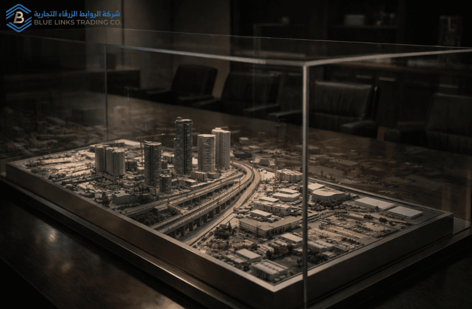 نموذج بنية تحتية سعودي محمي داخل صندوق زجاجي يرمز لحماية رأس المال.