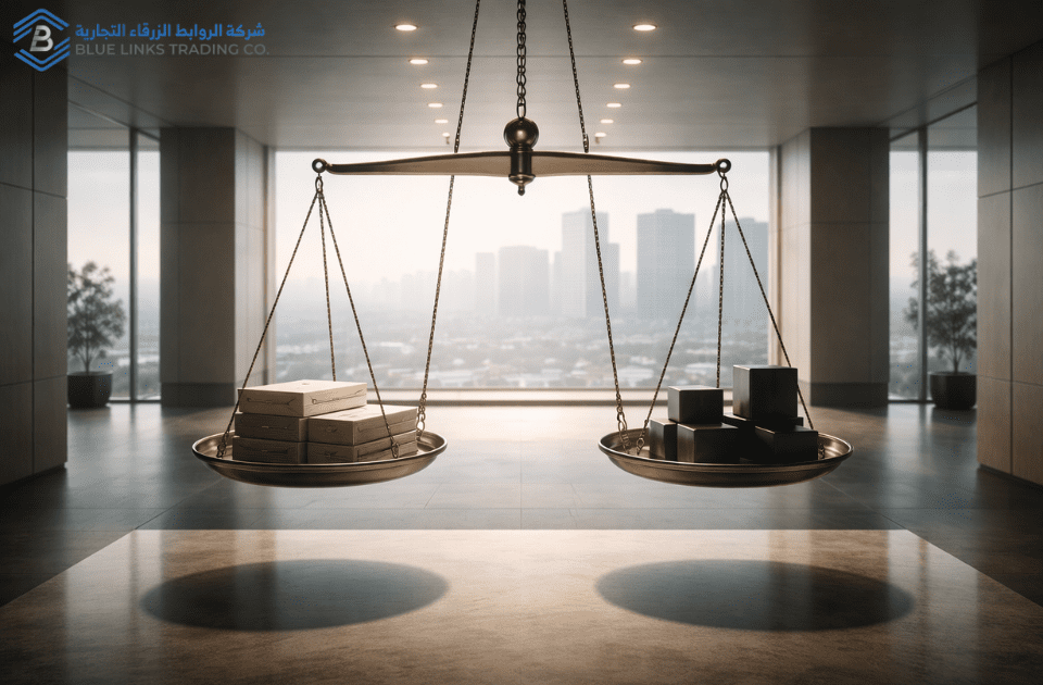 ميزان معلق يرمز إلى توزيع المخاطر الرأسمالية في قرارات البنية التحتية.