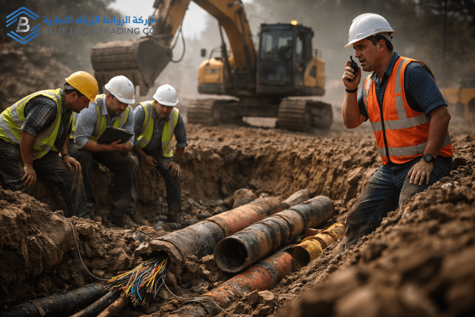 Construction engineers responding to an operational crisis caused by a damaged underground pipeline during excavation.