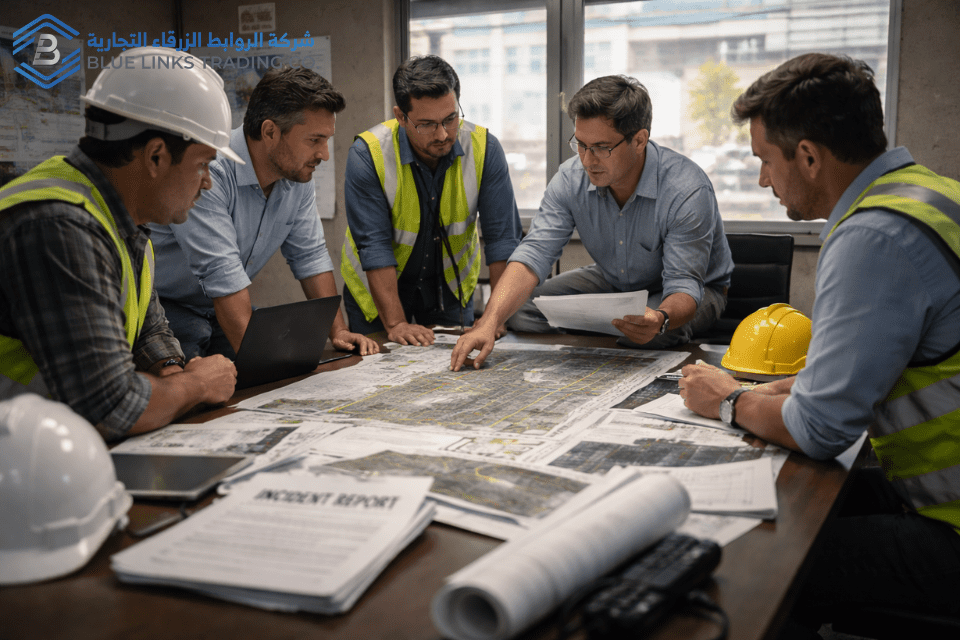Project engineers reviewing excavation incident reports during investigation meeting.