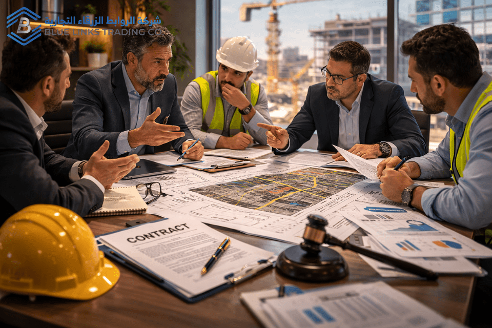 Construction professionals discussing contractual issues caused by excavation mistakes.