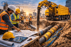 Engineers supervising controlled excavation process to avoid infrastructure damage.