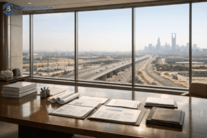 Executive planning room overlooking Saudi infrastructure corridor.