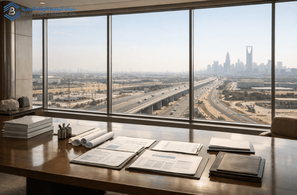 Executive planning room overlooking Saudi infrastructure corridor.