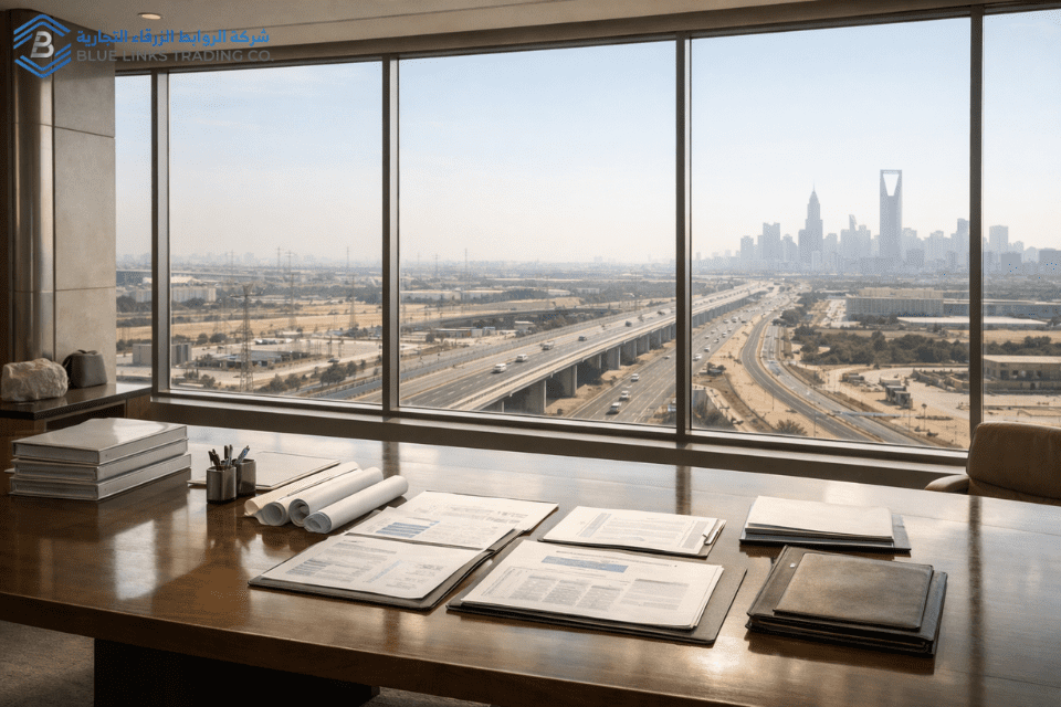 Excavation Planning in Saudi Arabia’s Zero-Tolerance Era Executive planning room overlooking Saudi infrastructure corridor.