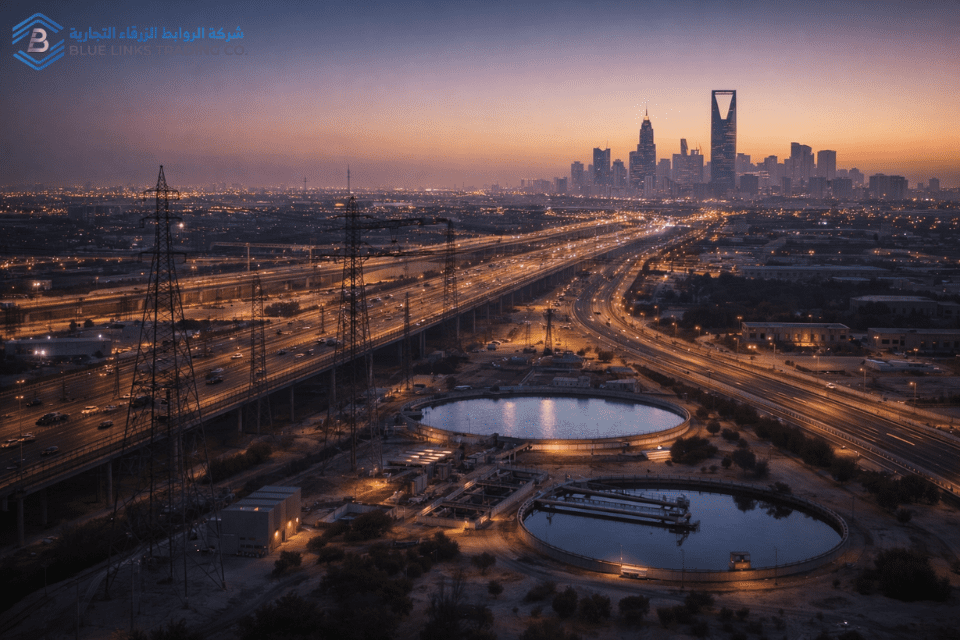 Excavation Planning in Saudi Arabia’s Zero-Tolerance Era Interconnected Saudi infrastructure systems at dusk.