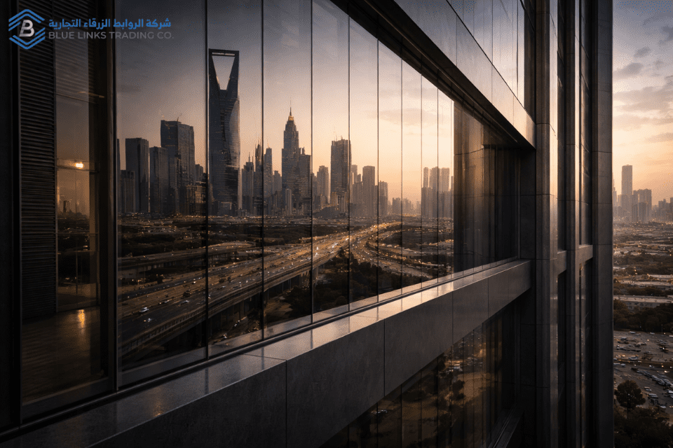 Excavation Planning in Saudi Arabia’s Zero-Tolerance Era Modern Saudi skyline reflected in corporate facade symbolizing oversight.