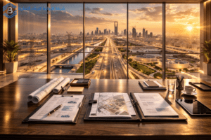 منظور تخطيطي تنفيذي يطل على ممر بنية تحتية سعودي.