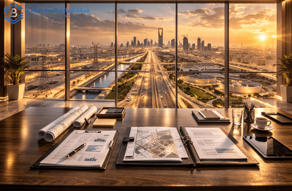 منظور تخطيطي تنفيذي يطل على ممر بنية تحتية سعودي.