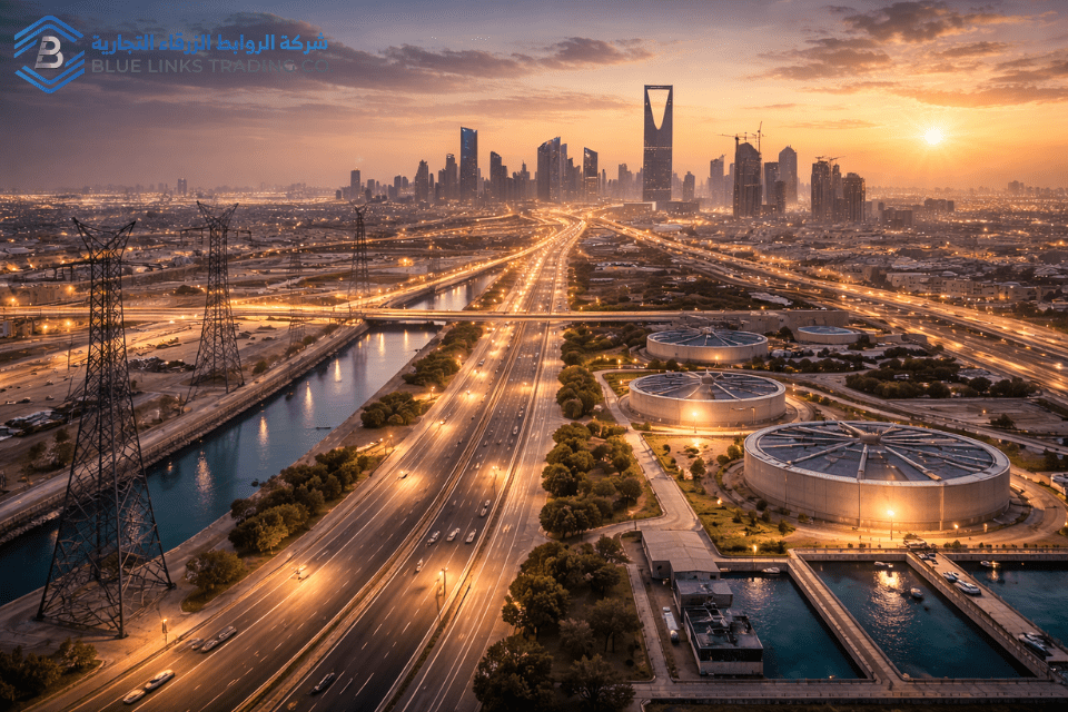 شبكات بنية تحتية سعودية مترابطة عند الغروب.