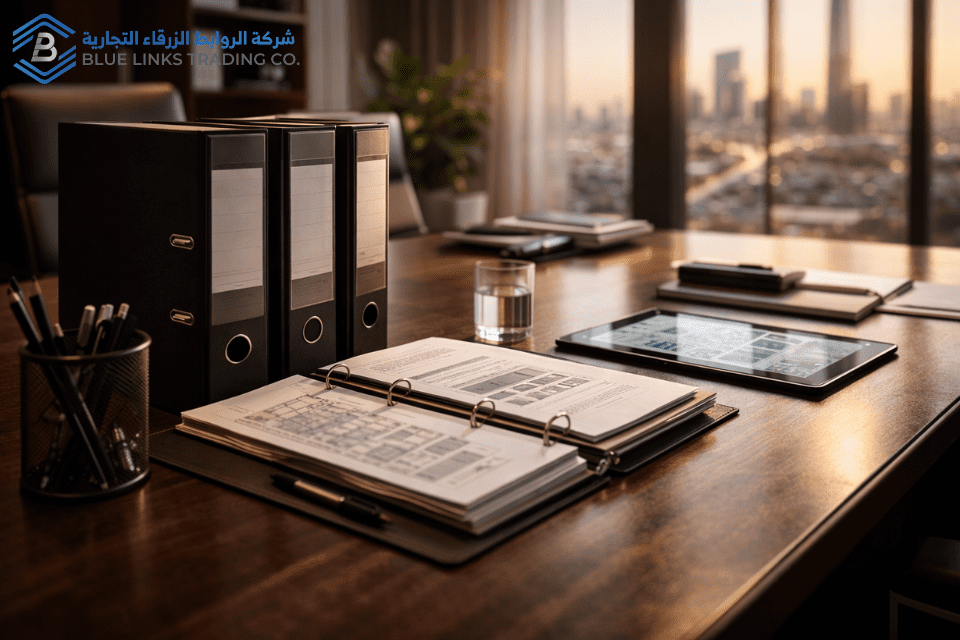 مجلدات توثيق امتثال منظمة داخل مكتب تنفيذي.