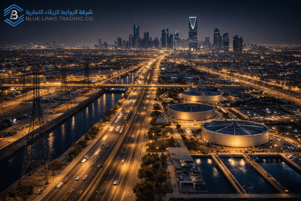 بنية تحتية سعودية مضاءة تعمل بسلاسة ليلًا.