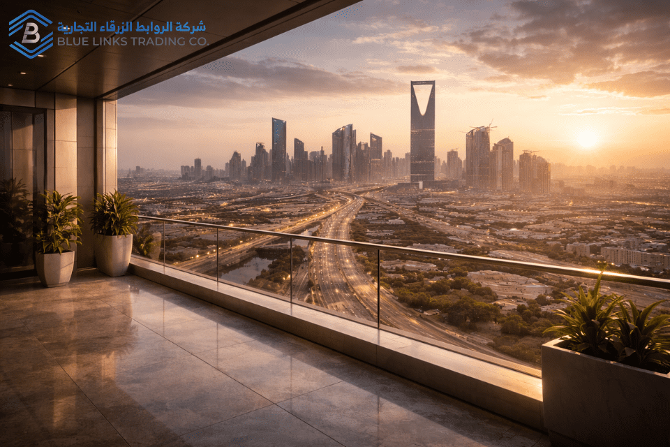 منظور تنفيذي عند الشروق يطل على مدينة سعودية كبرى.