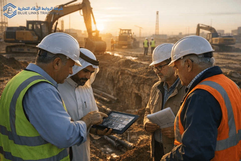 مهندسون يراجعون قرارات تخطيط الحفر في موقع إنشاءات بنية تحتية كبير.