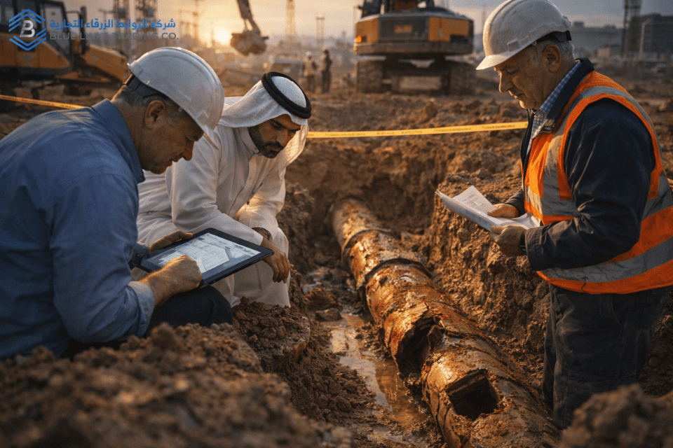 مهندسون يقيمون المخاطر المالية بعد تضرر مرافق تحت الأرض بسبب أعمال الحفر.